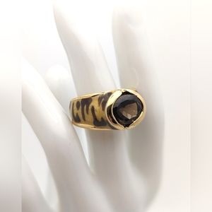 Gorgeous Smoky Topaz Animal Print Enamel Ring Vermeil Sterling